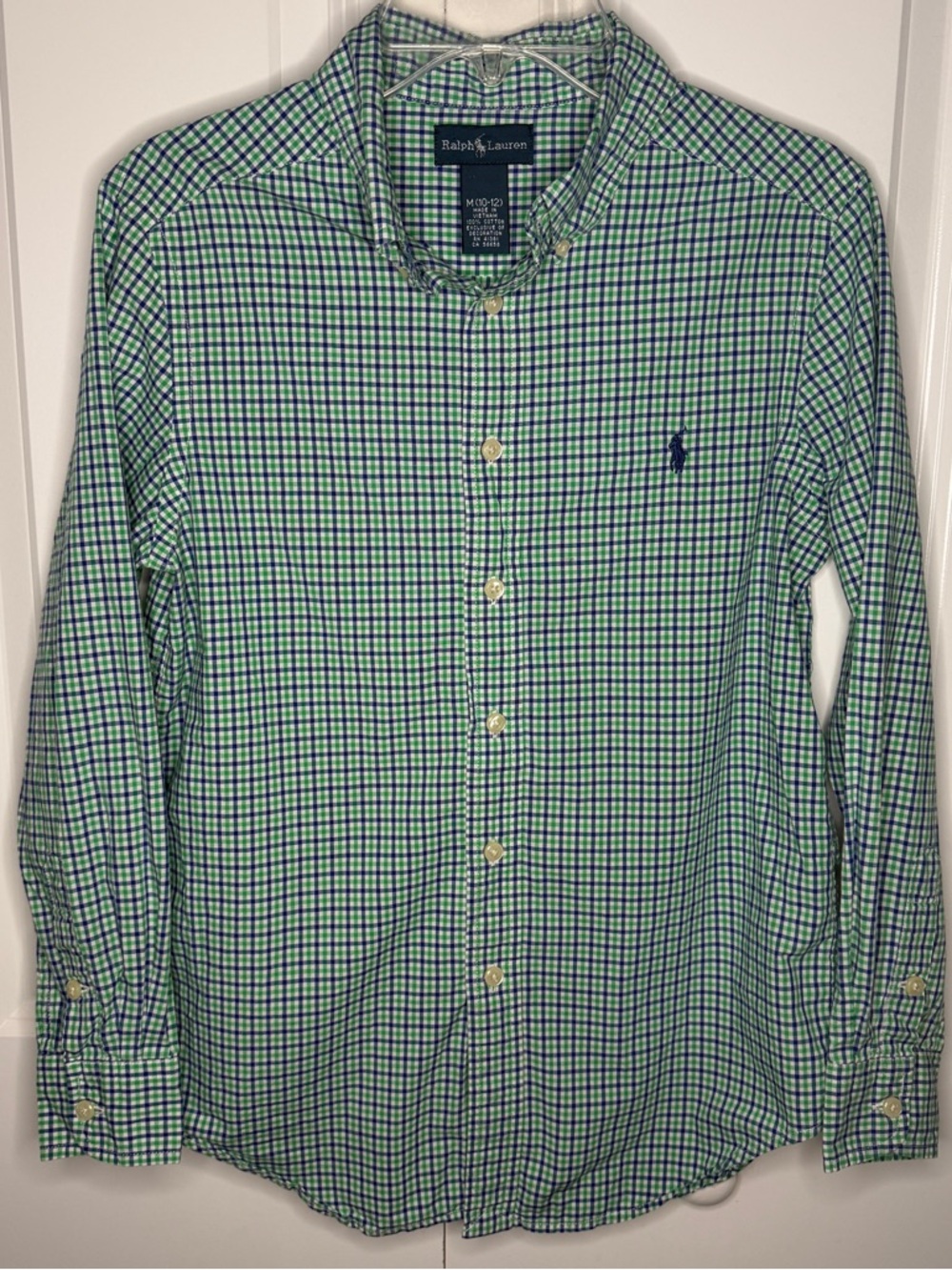 Polo Ralph Lauren Boys Medium 10/12 Green Navy Gingham Check Button-Up Cotton